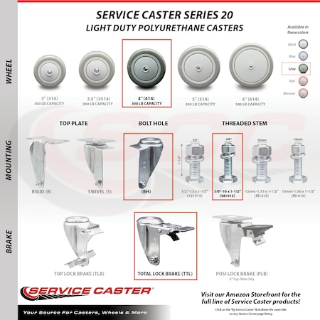 Service Caster 4 Inch SS Gray Polyurethane 3/8 Inch Threaded Stem Caster with Total Lock Brake SCC-SSTSTTL20S414-PPUB-381615